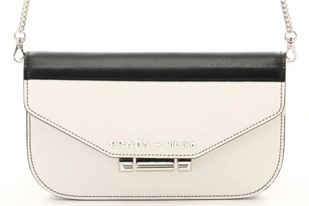 Prada Chain Shoulder Bag Civil Leather Black White Calfskin